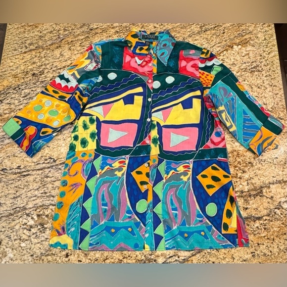 Ralph Lauren Colorful Abstract Artsy Bohemian Cotton Blouse Size Petite Small - Picture 3 of 9